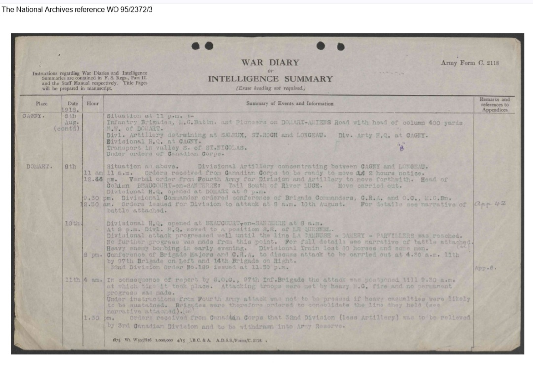 Journal de la 32e Division. Août 1918. Document The National Archives, Royaume-Uni. Référence WO 95/2372/3.