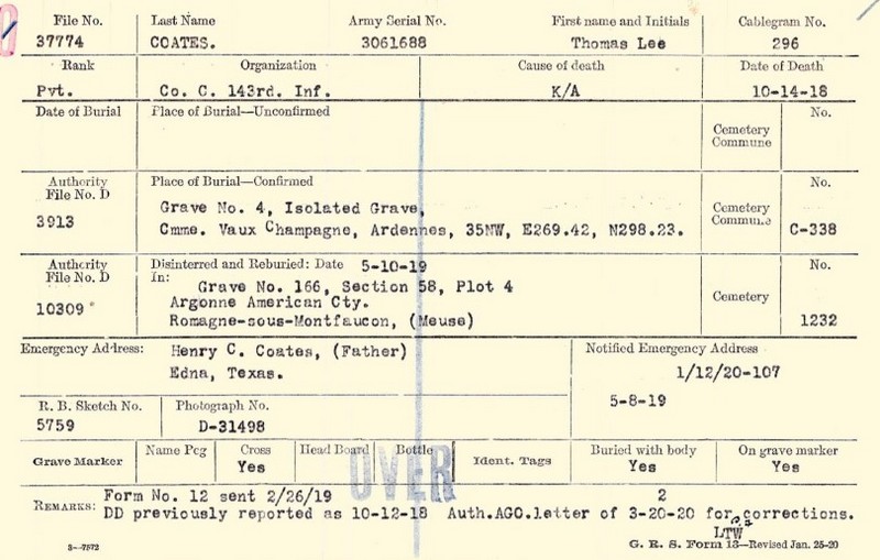 COATES Thomas Lee Pvt Co C 143rd Inf 36th Div 3061688 DCD 14-10-18 KIA cim C-338 VAUX-CHAMPAGNE croix 4 le 10-05-19 cim 1232 ROMAGNE croix 166 à Arlington (3a).jpg