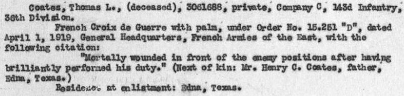 COATES Thomas Lee Pvt Co C 143rd Inf 36th Div 3061688 DCD 14-10-18 KIA cim C-338 VAUX-CHAMPAGNE croix 4 le 10-05-19 cim 1232 ROMAGNE croix 166 à Arlington (3c).jpg