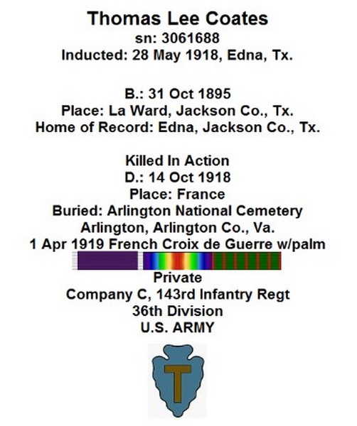 COATES Thomas Lee Pvt Co C 143rd Inf 36th Div 3061688 DCD 14-10-18 KIA cim C-338 VAUX-CHAMPAGNE croix 4 le 10-05-19 cim 1232 ROMAGNE croix 166 à Arlington (5).jpg