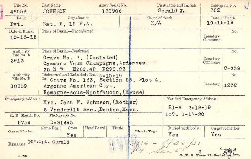 JOHNSON Gerald Justin Pvt Bat E 15th Field Art 2nd Div 130906 DCD 15-10-18 KIA cim C-338 VAUX-CHAMPAGNE croix 2 le 10-05-19 cim 1232 ROMAGNE croix 163 vers les USA (3a).jpg