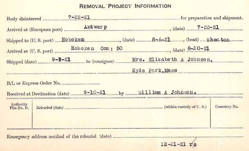 JOHNSON Gerald Justin Pvt Bat E 15th Field Art 2nd Div 130906 DCD 15-10-18 KIA cim C-338 VAUX-CHAMPAGNE croix 2 le 10-05-19 cim 1232 ROMAGNE croix 163 vers les USA (3b).jpg