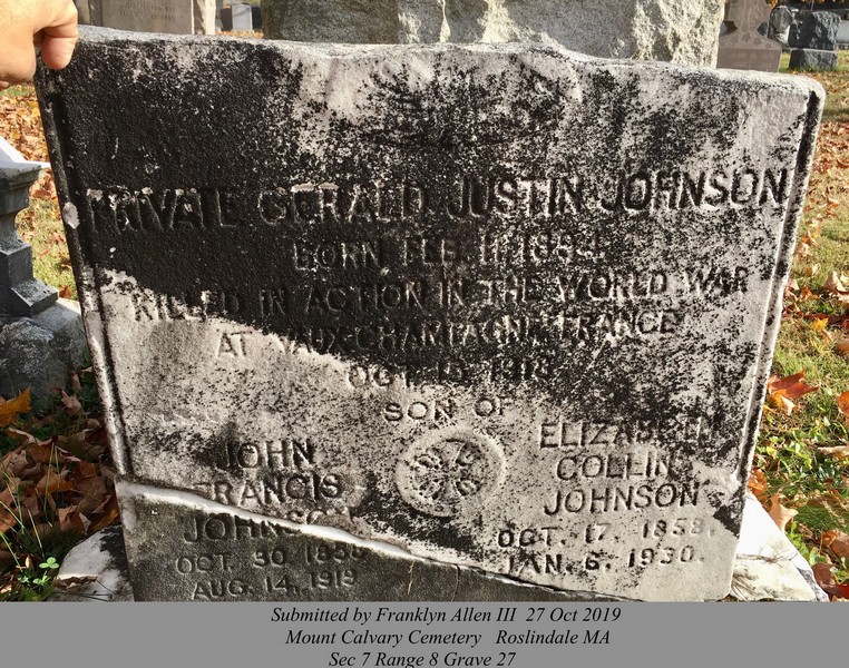 JOHNSON Gerald Justin Pvt Bat E 15th Field Art 2nd Div 130906 DCD 15-10-18 KIA cim C-338 VAUX-CHAMPAGNE croix 2 le 10-05-19 cim 1232 ROMAGNE croix 163 vers les USA (4c).jpg