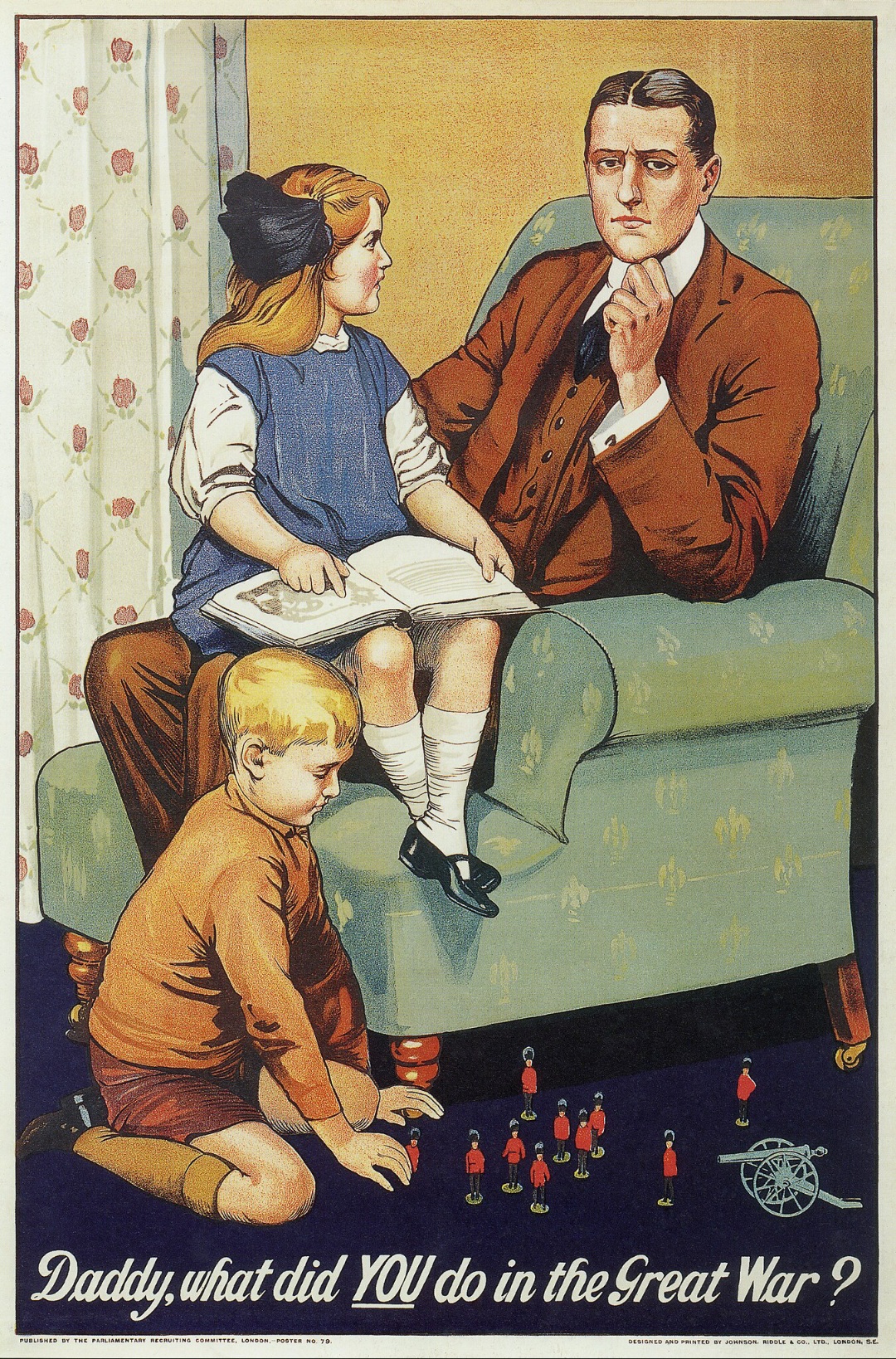 Affiche britannique, 1915.<br />"Dis Papa, et toi tu as fait quoi pendant la Grande Guerre ?"<br />Source Wikicommons.