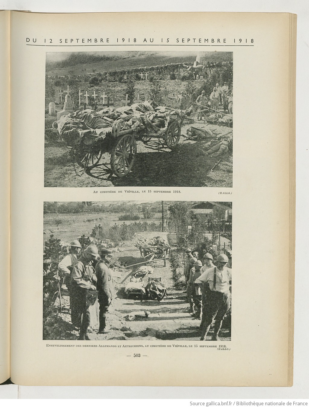 Cimetière de Vieville-sous-les-Côtes le 15 septembre 1918. "Ensevelissement des derniers Allemands et Autrichiens, au cimetière de Viéville, le 15 septembre 1918." Dans Verdun de Jacques Péricard, source BnF / Gallica.