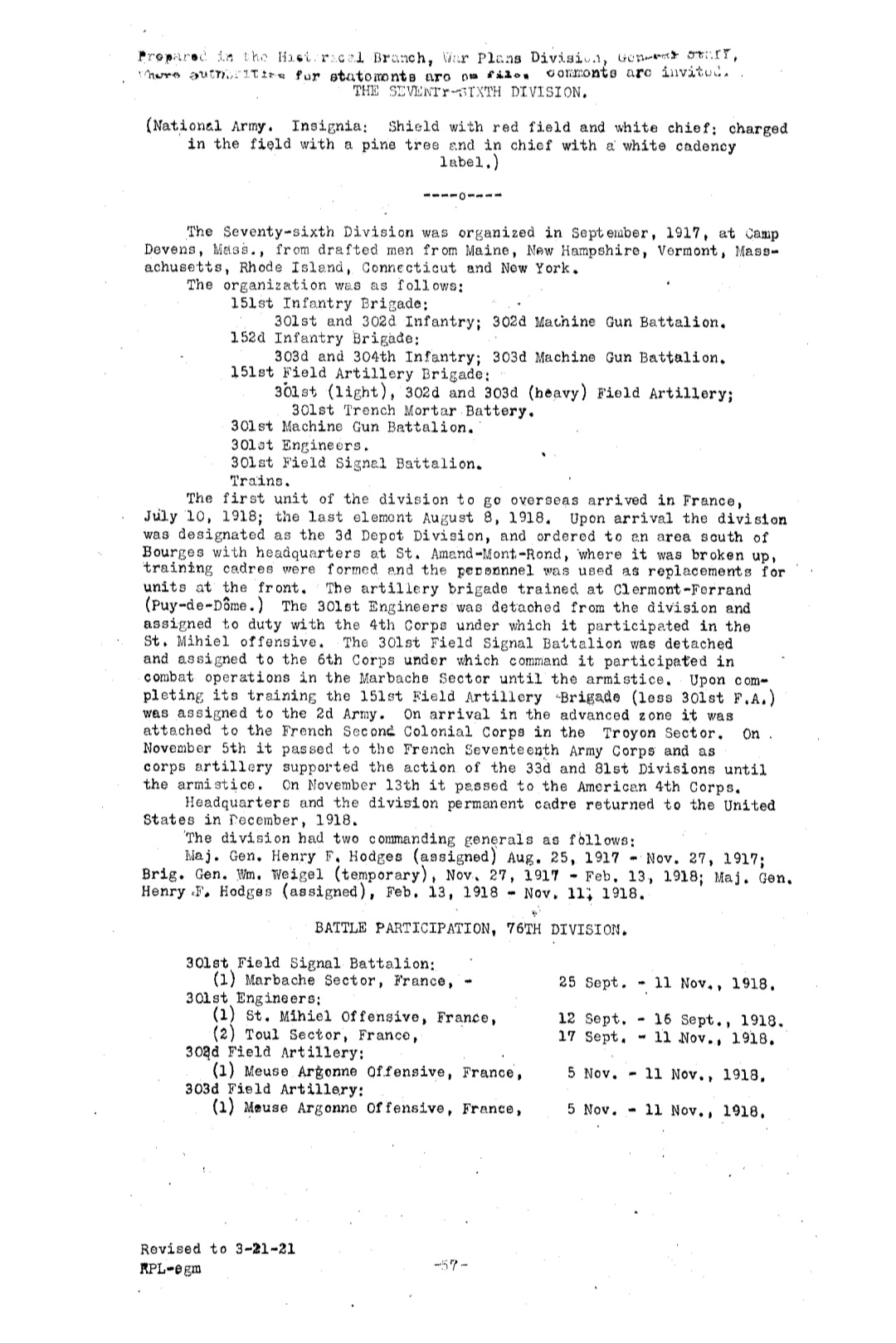 Source : Brief histories of Divisions, US Army, 1917 - 1919. (polycopié 1921, service historique armée des États-Unis).