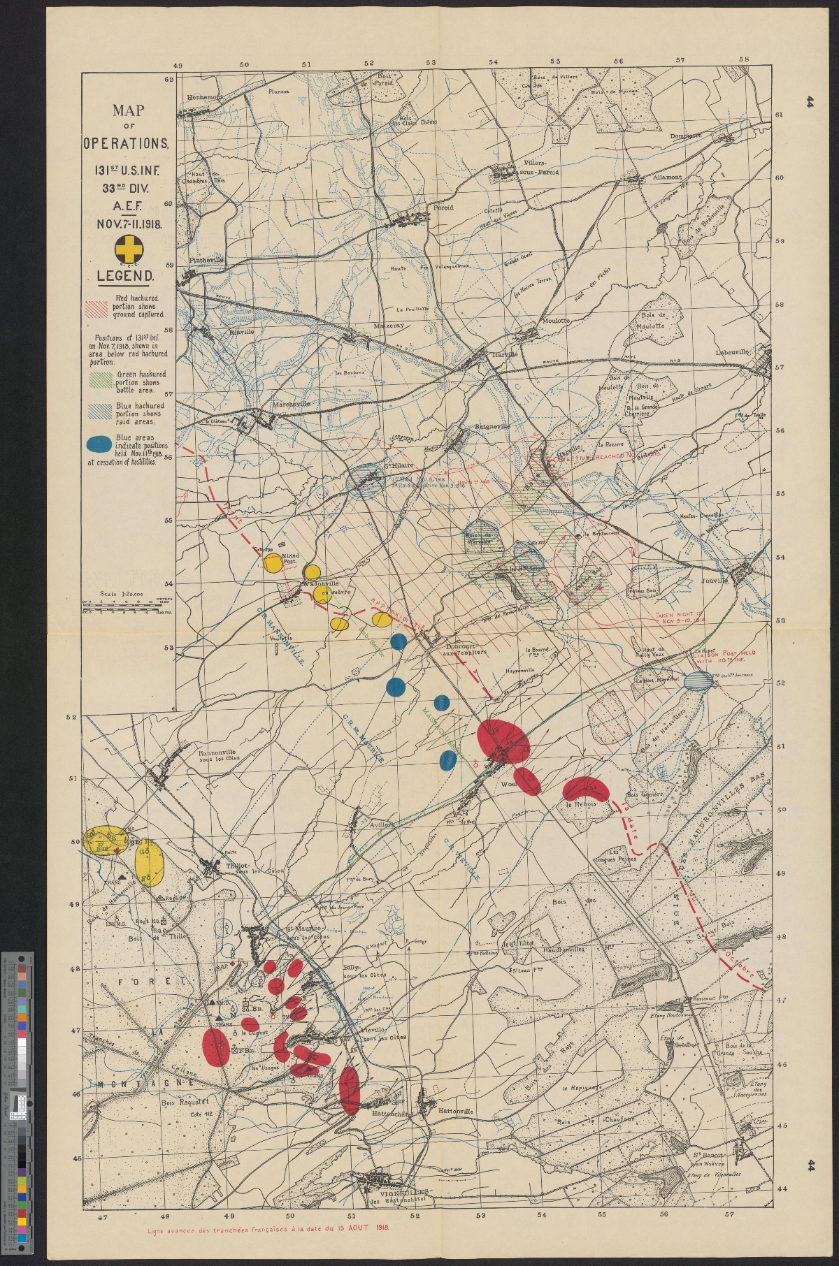 Map of operations, 131st Infantry, 7 - 11 November 1918.<br />Source : Northwestern University Libraries, Evanston, Illinois, États-Unis.