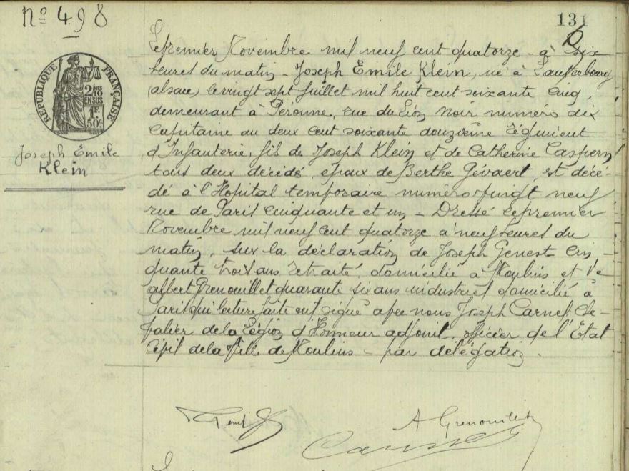 KLEIN (J.-E.) - Acte de décès. - .JPG