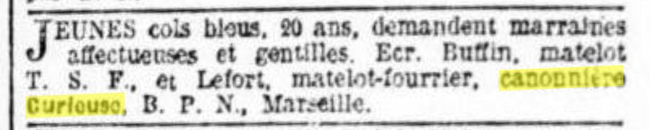 M. Buffin - Matelot TSF - CURIEUSE<br />M. Lefort - Matelot fourrier - CURIEUSE