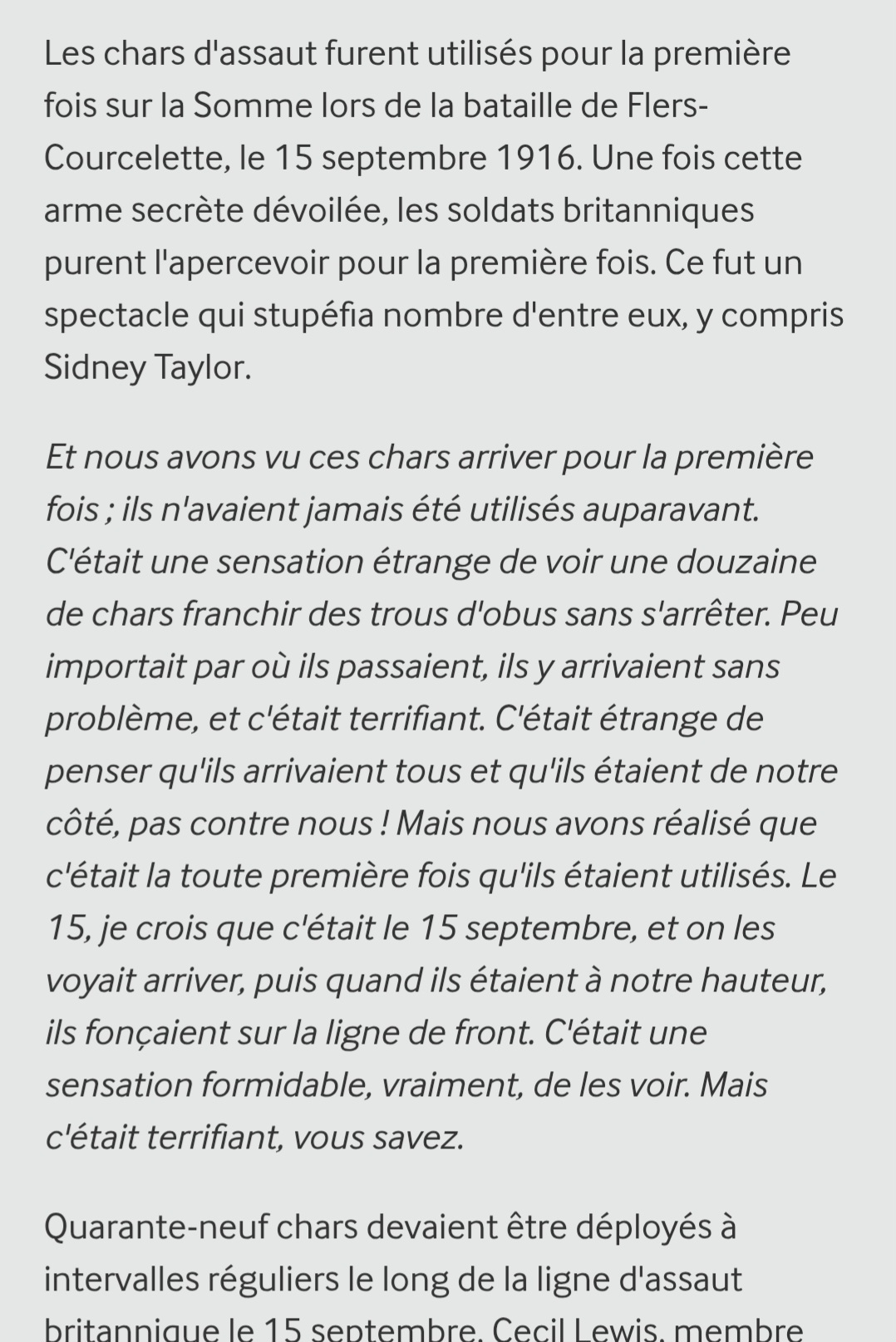 Site IWM, "Voix de la Première Guerre mondiale, des chars dans la Somme". Traduction automatique en français. Capture d'écran.
