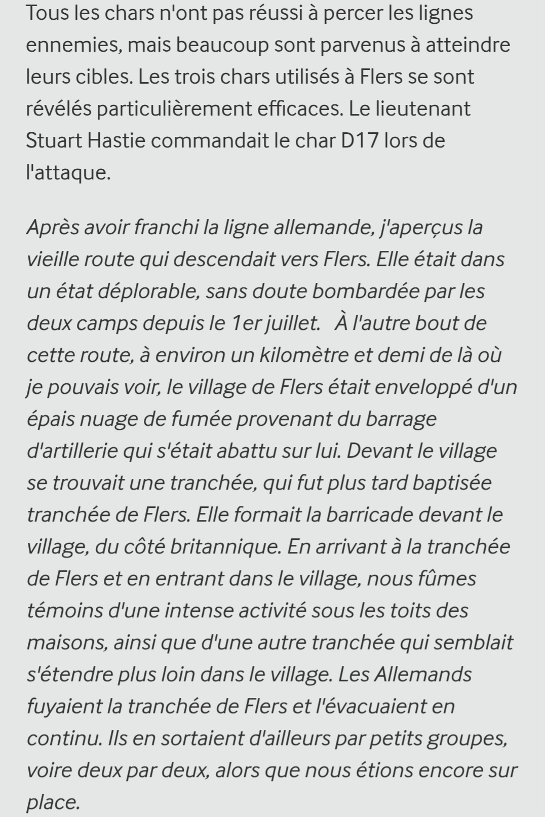 Site IWM, "Voix de la Première Guerre mondiale, des chars dans la Somme". Traduction automatique en français. Capture d'écran.