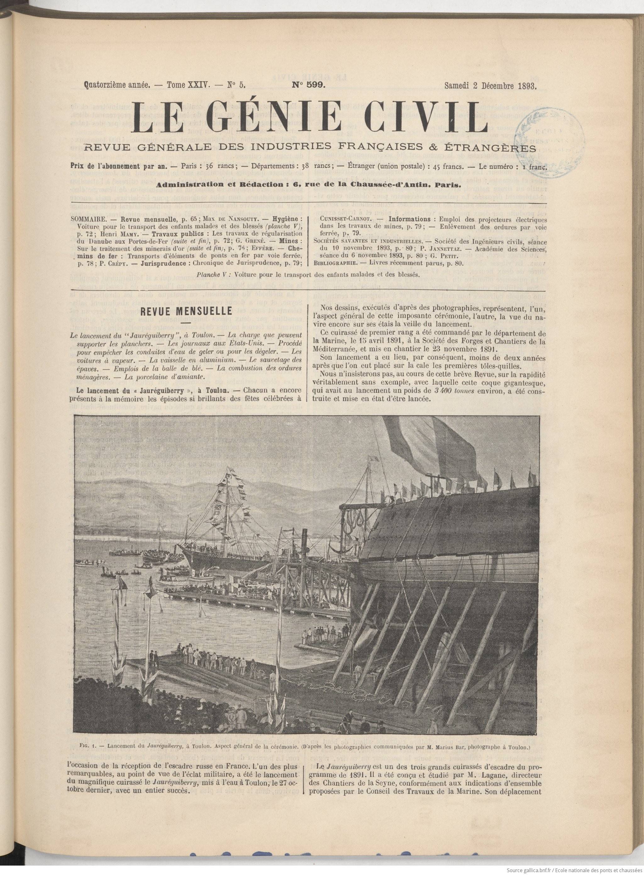 JAUREGUIBERRY - Le Génie Civil - 2 décembre 1893