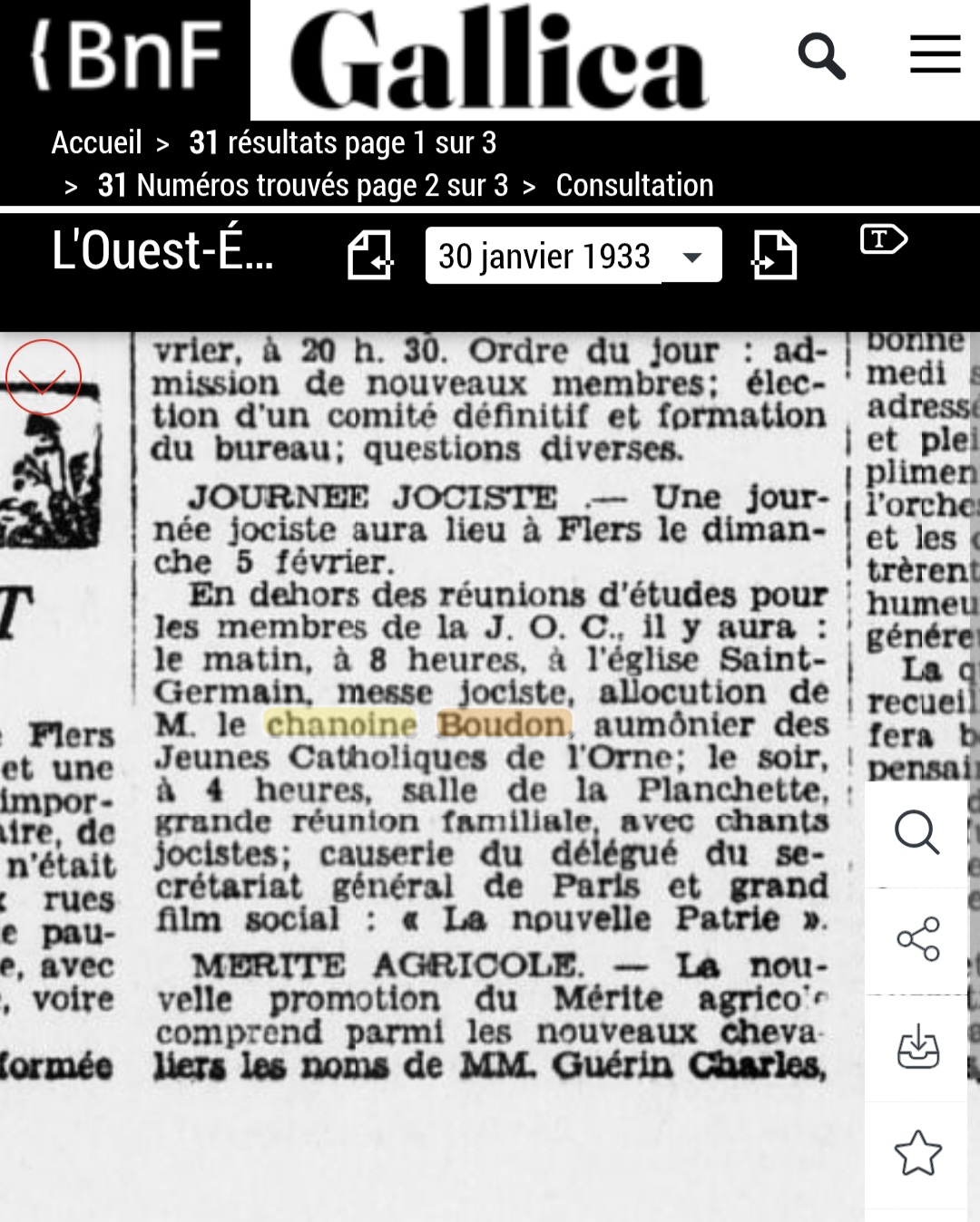 30 janvier 1933 : on annonce que le chanoine Boudon, vétéran de la Grande Guerre, célèbrera la messe pour la JOC (Jeunesse Ouvrière Chrétienne) à Flers, dans l'Orne. Il organise à la même époque des pèlerinages d'anciens combattants à Lourdes. <br />L'Ouest-Eclair, 30 janvier 1933. Source : BnF / Gallica. Capture d'écran.