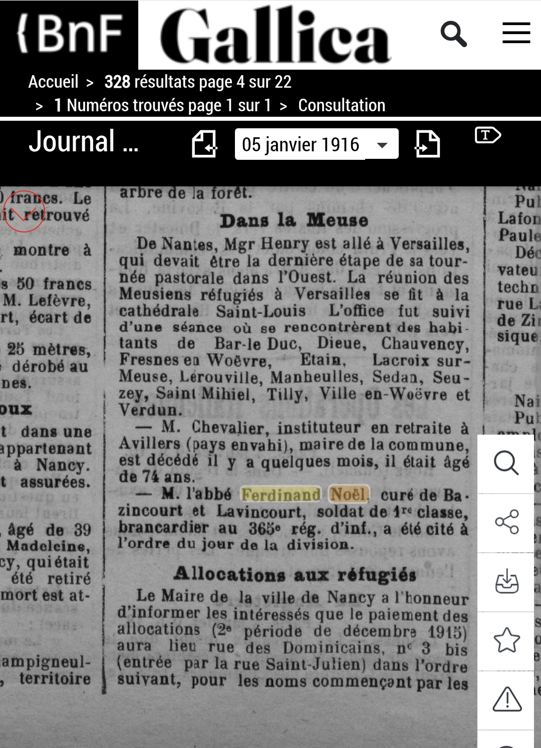 365e RI. Citation aumônier militaire. <br />Journal de la Meurthe et des Vosges, 5 janvier 1916.<br />Source : BnF / Gallica.