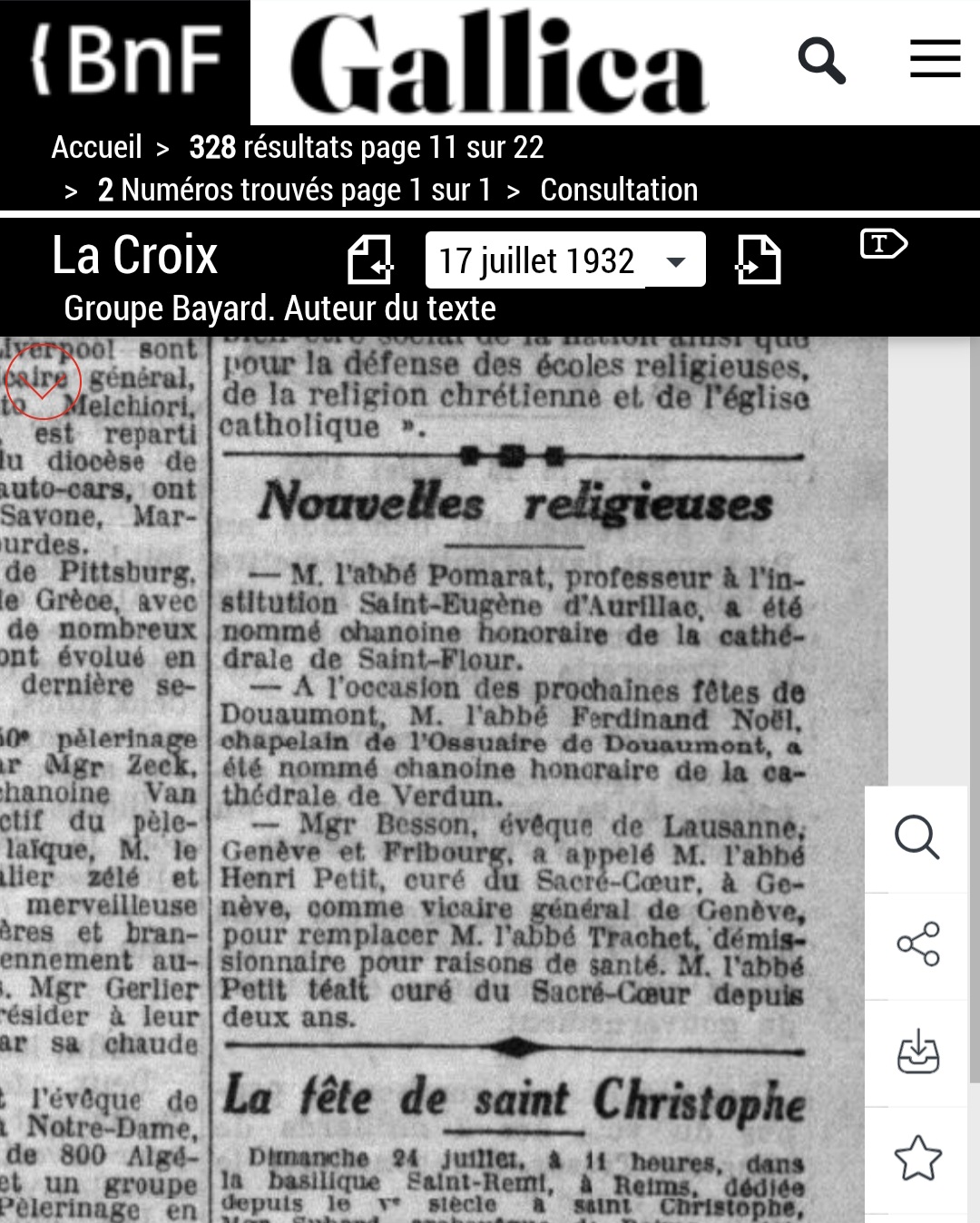 Nomination abbé Noël. La Croix, 17 juillet 1932.<br />Source : BnF / Gallica.