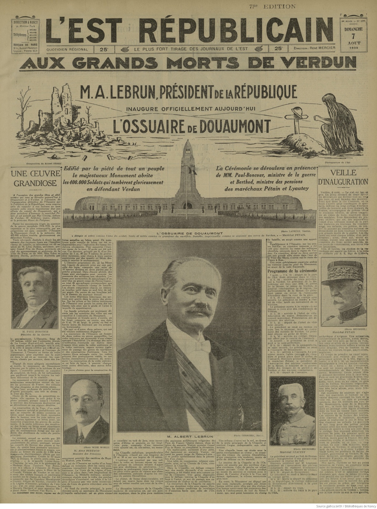 L'abbé Noël est cité en page 2, "chapelain de Douaumont". L'Est Républicain, 7 août 1932, source BnF / Gallica.