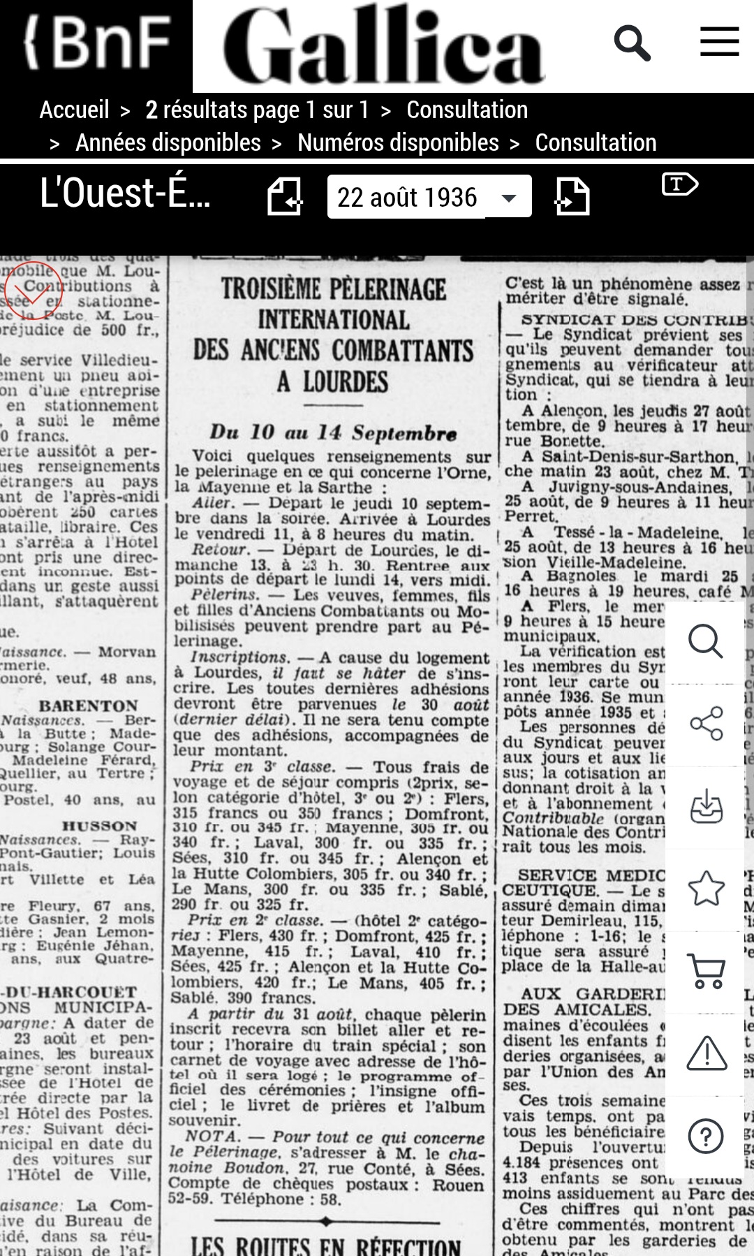 Pèlerinage anciens combattants à Lourdes, abbé Boudon. Ouest-Éclair, 22 août 1936. Source : BnF / Gallica. <br />Bibliothèque nationale de France.