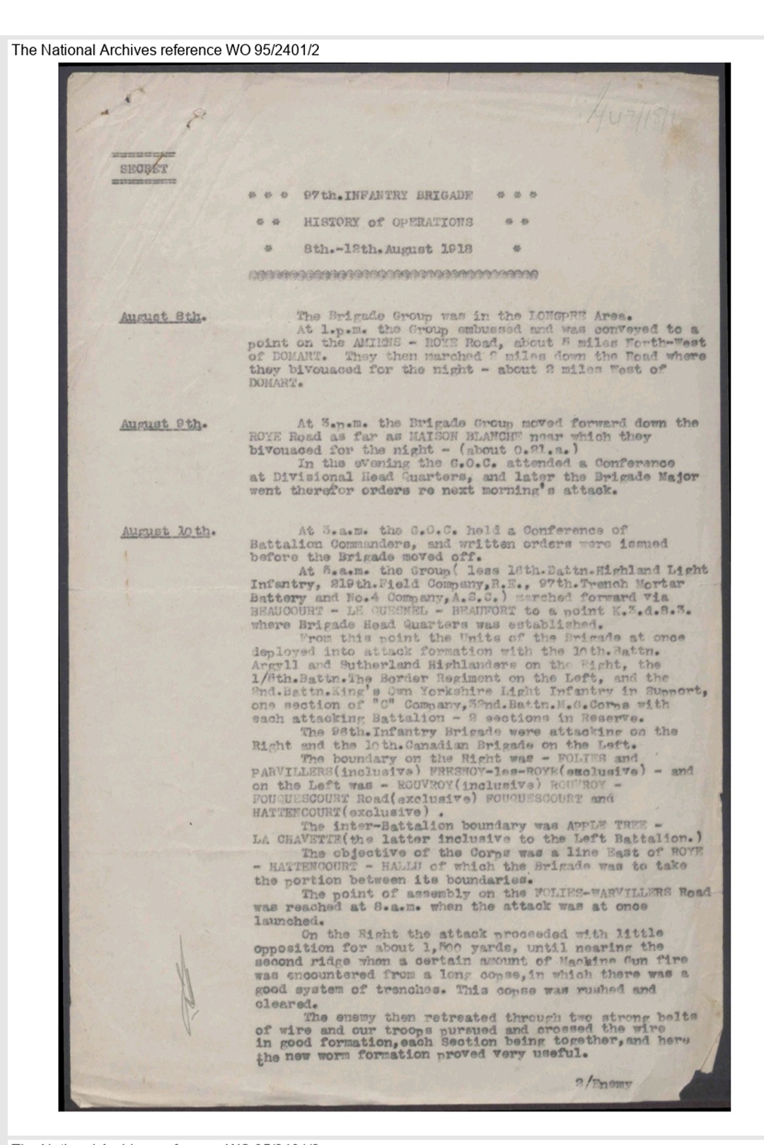 Document The National Archives, Royaume-Uni. Référence WO 95/2401/2.