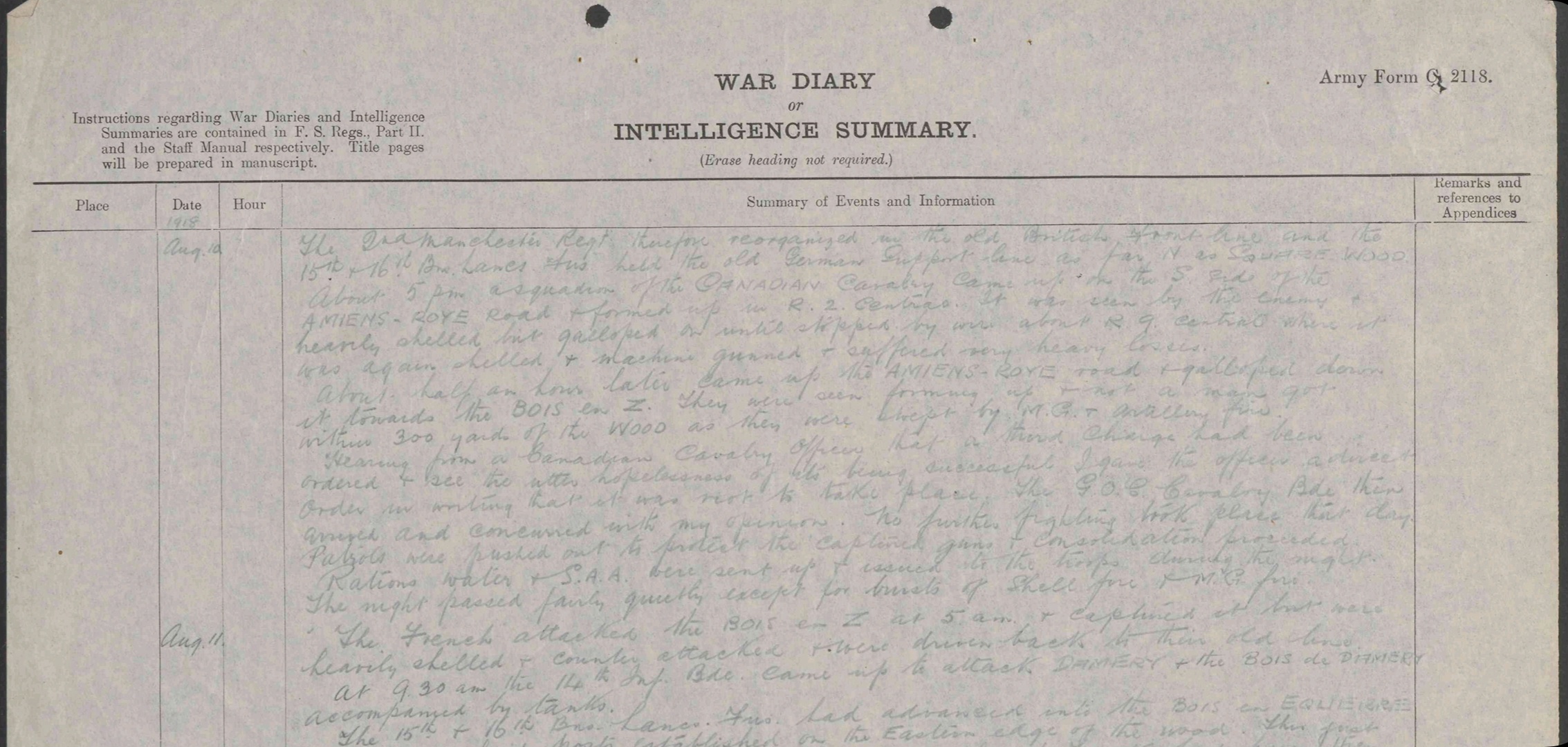 Journal 96e brigade d’infanterie britannique. Référence WO 95/2396/4. The National Archives, Royaume-Uni.