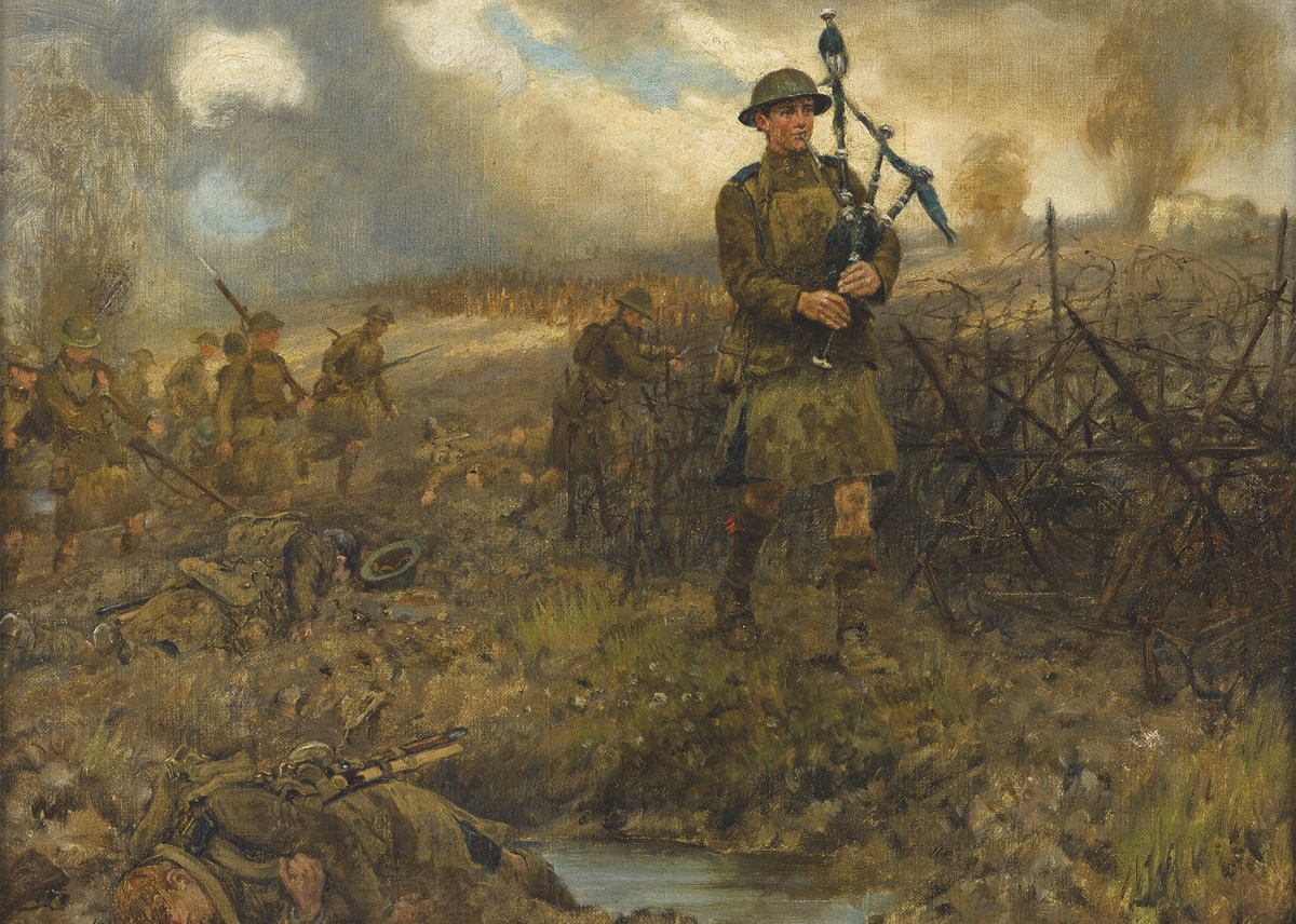 Piper James Richardson, V.C., 16th Canadian Scottish, at Regina Trench. Tableau de J. Prinsep Beadle.
