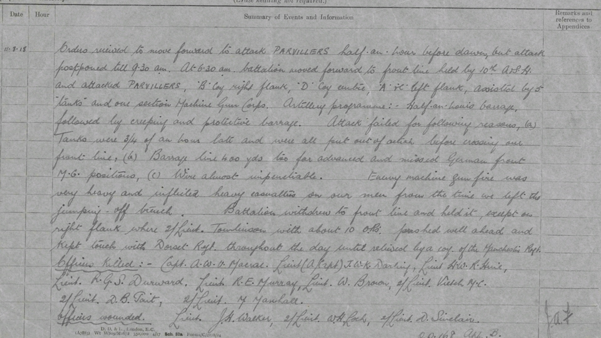 Journal de l'unité, 5/6e bataillon des Royal Scots, 11 août 1918, référence WO 95/2392/3, archives nationales britanniques.