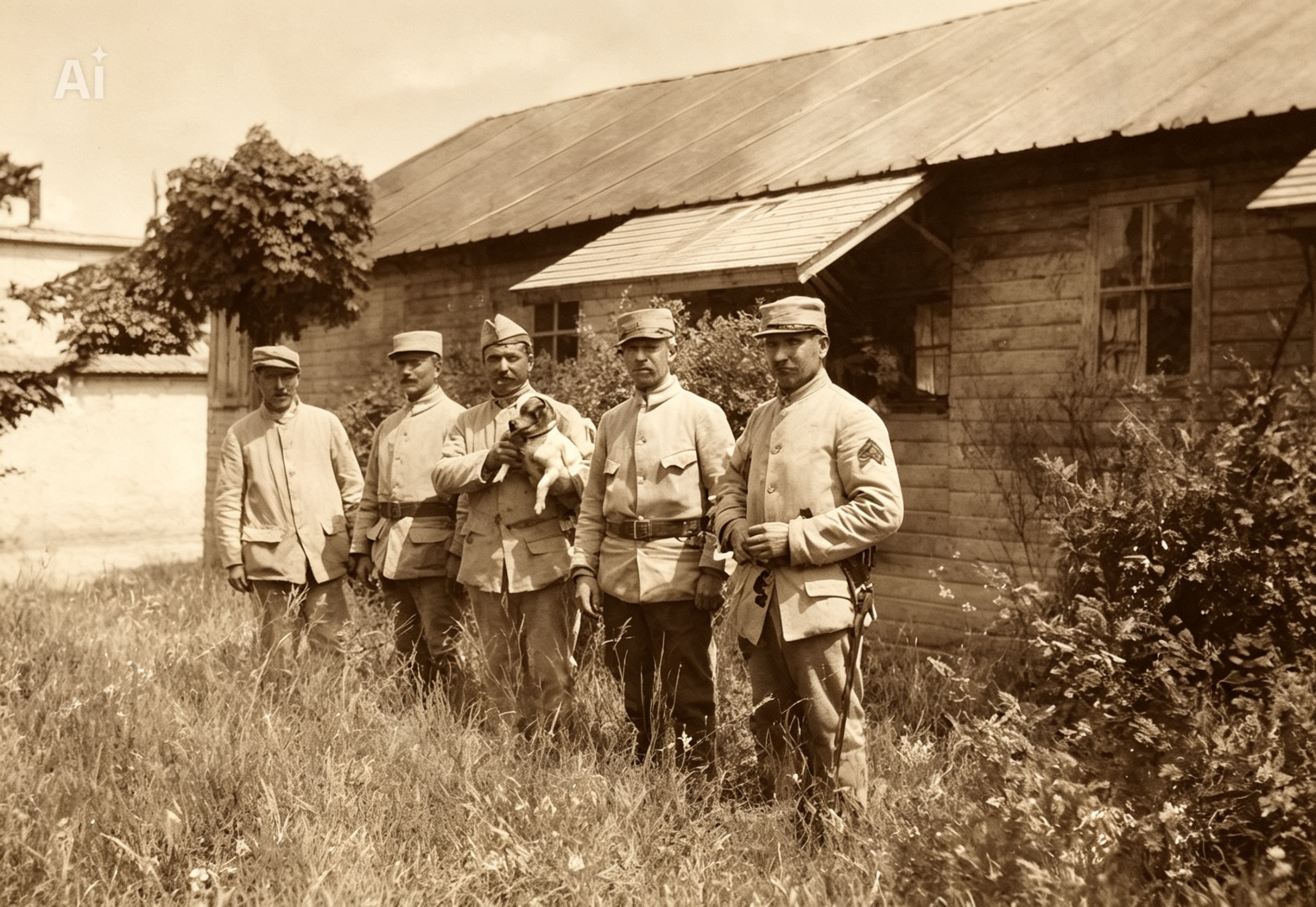 Photo de groupe mon agp au centre qui tiens la mascotte date approximative été 1917