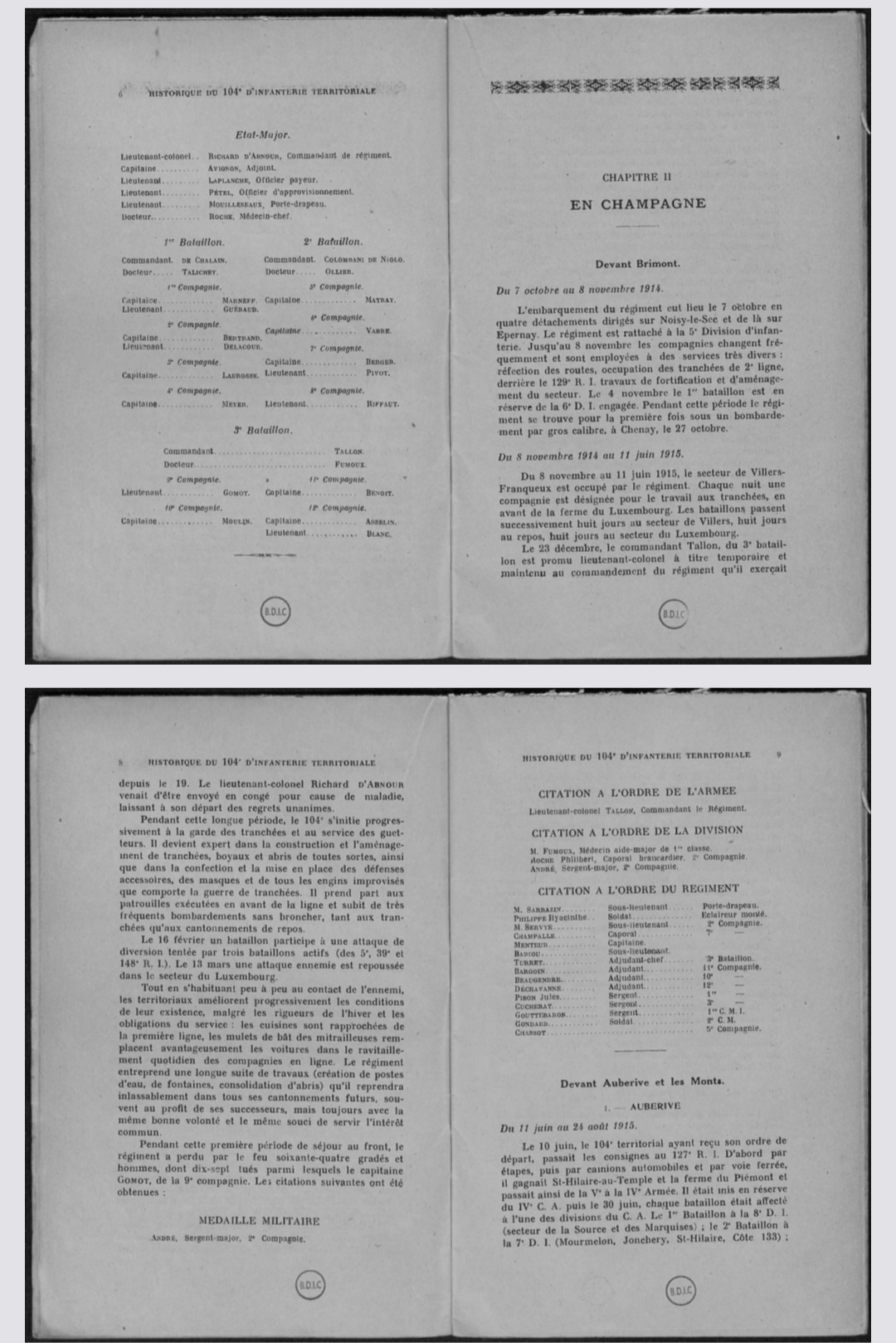 Extrait historique du 104e RIT. Source bibliothèque numérique L'Argonnaute, Nanterre, France.