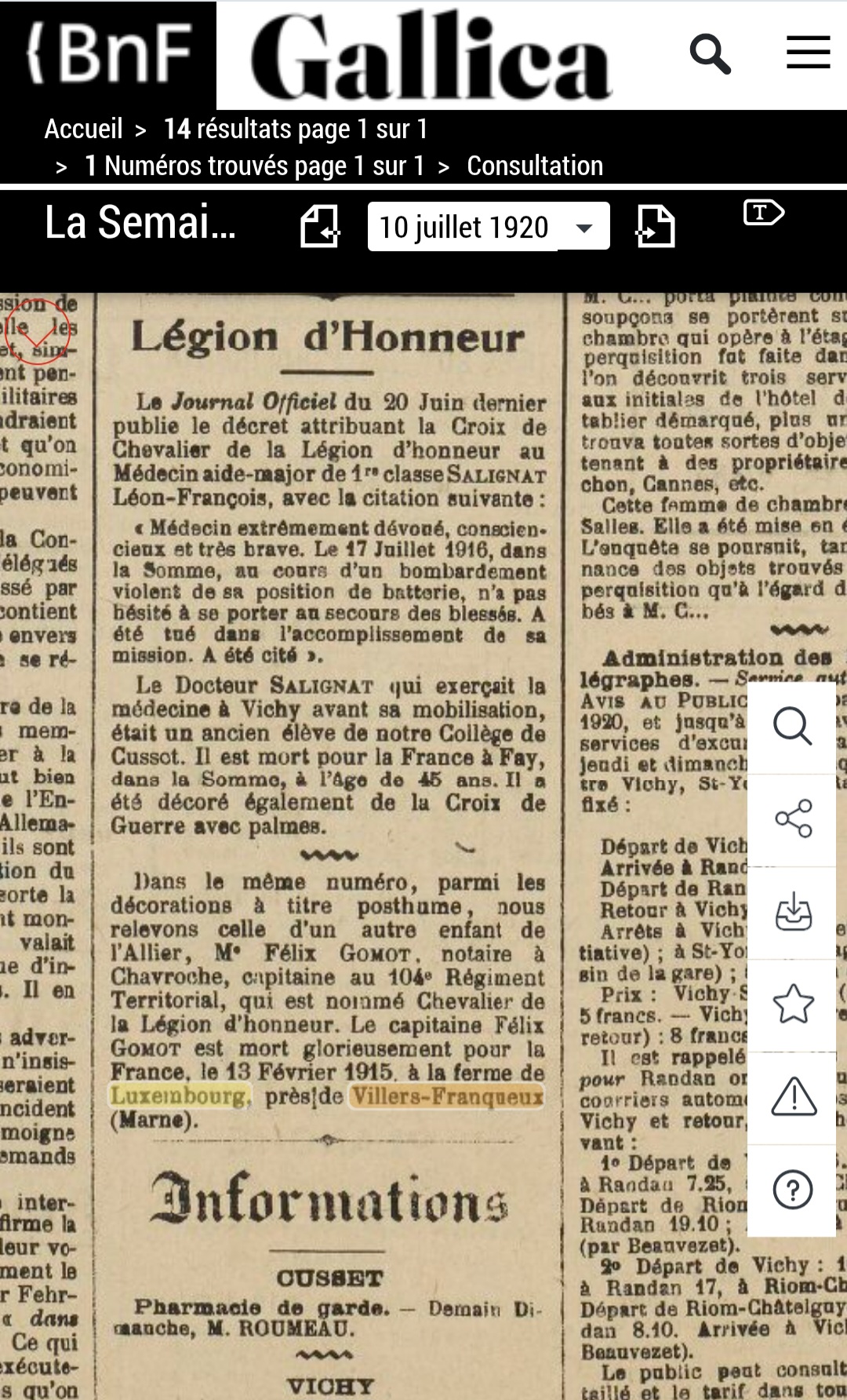 Capitaine Gomot du 104e RIT, tué le 13 février 1915 à la ferme de Luxembourg près de Villers-Franqueux. Fait Chevalier de la Légion d'honneur à titre posthume. La Semaine de Cusset-Vichy, 10 juillet 1920, source BnF / Gallica. <br /><br />Captain Gomot of the 104th Territorial Infantry Regiment (104e RIT), killed on 13 February 1915 at Luxembourg Farm, close to Villers-Franqueux. Posthumously appointed a Knight of the Legion of Honour. La Semaine de Cusset-Vichy, 10 July 1920. Source: BnF / Gallica.