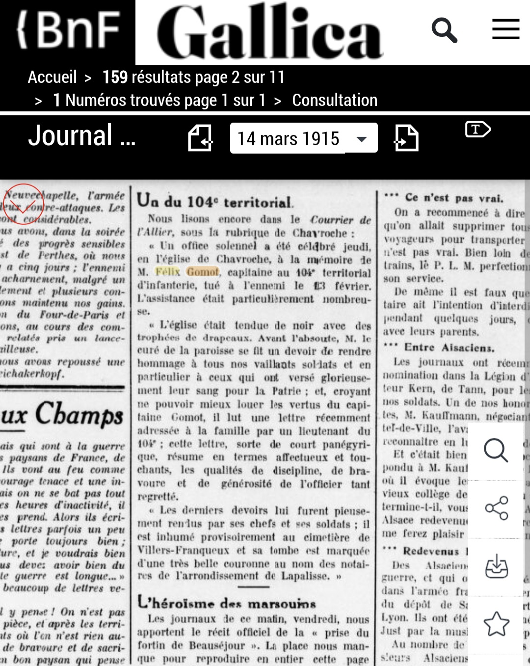 Le Journal de Roanne du 14 mars 1915 relate l'enterrement du capitaine Gomot du 104e RIT, notaire dans le civil, inhumé provisoirement au cimetière de Villers-Franqueux. Source BnF / Gallica. <br /><br />The Journal de Roanne of 14 March 1915 reports a solemn memorial service for Captain Gomot of the 104th Territorial Infantry Regiment (104e RIT), a notary in civilian life, who was temporarily buried in the cemetery at Villers-Franqueux. His officers and men paid him the last honours.<br />Source: BnF / Gallica.