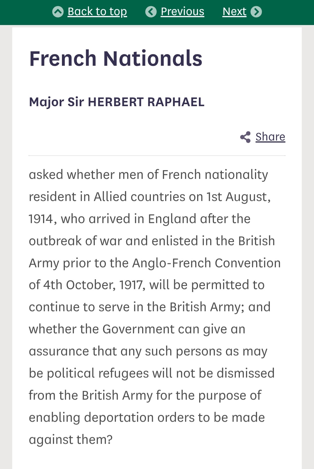 Minutes du Parlement britannique, 1917. Question portant sur les Français engagés dans l'armée britannique.