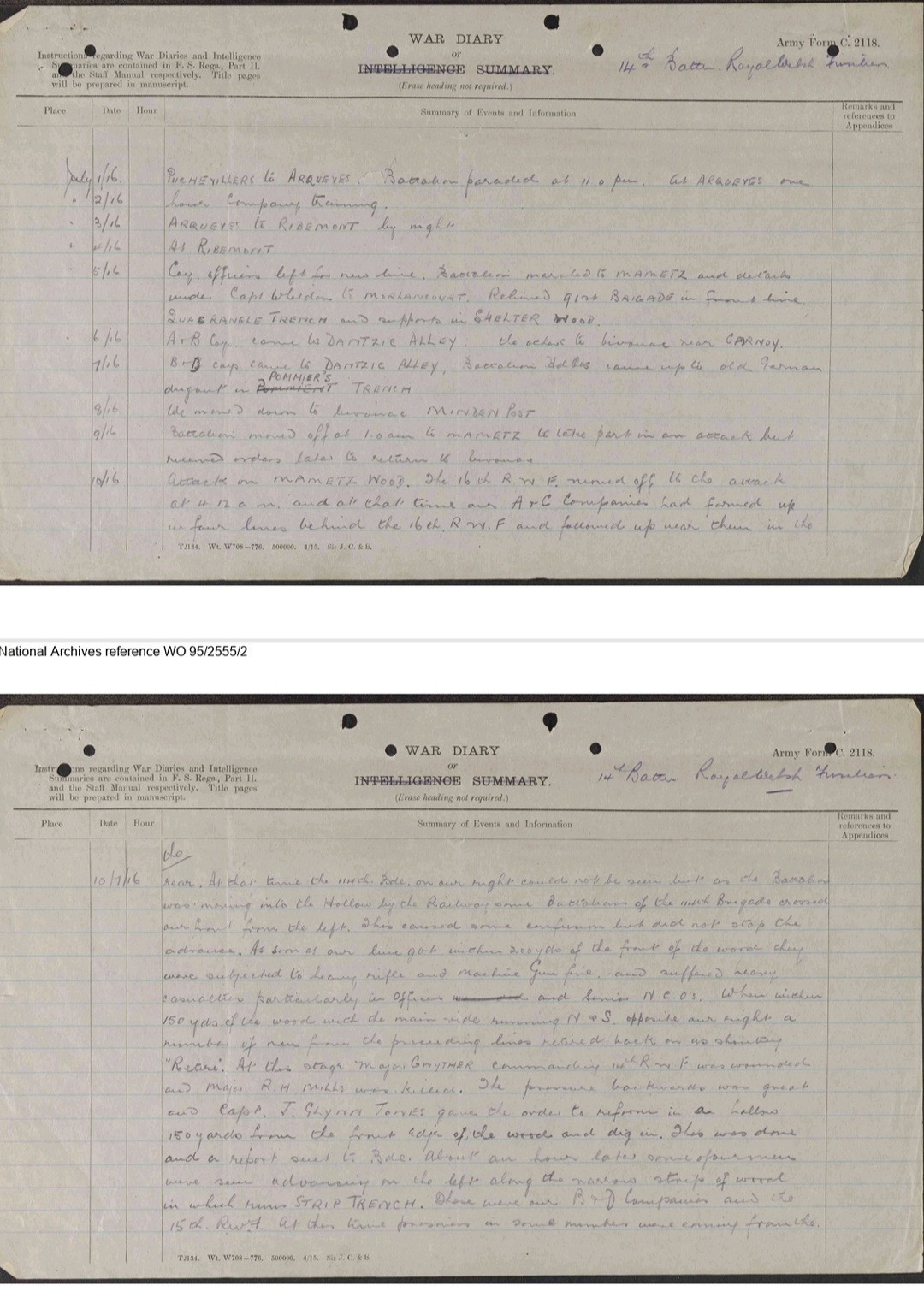 Journal du 14e bataillon Royal Welsh Fusiliers, juillet 1916. Référence WO 95/2555/2 archives nationales britanniques.