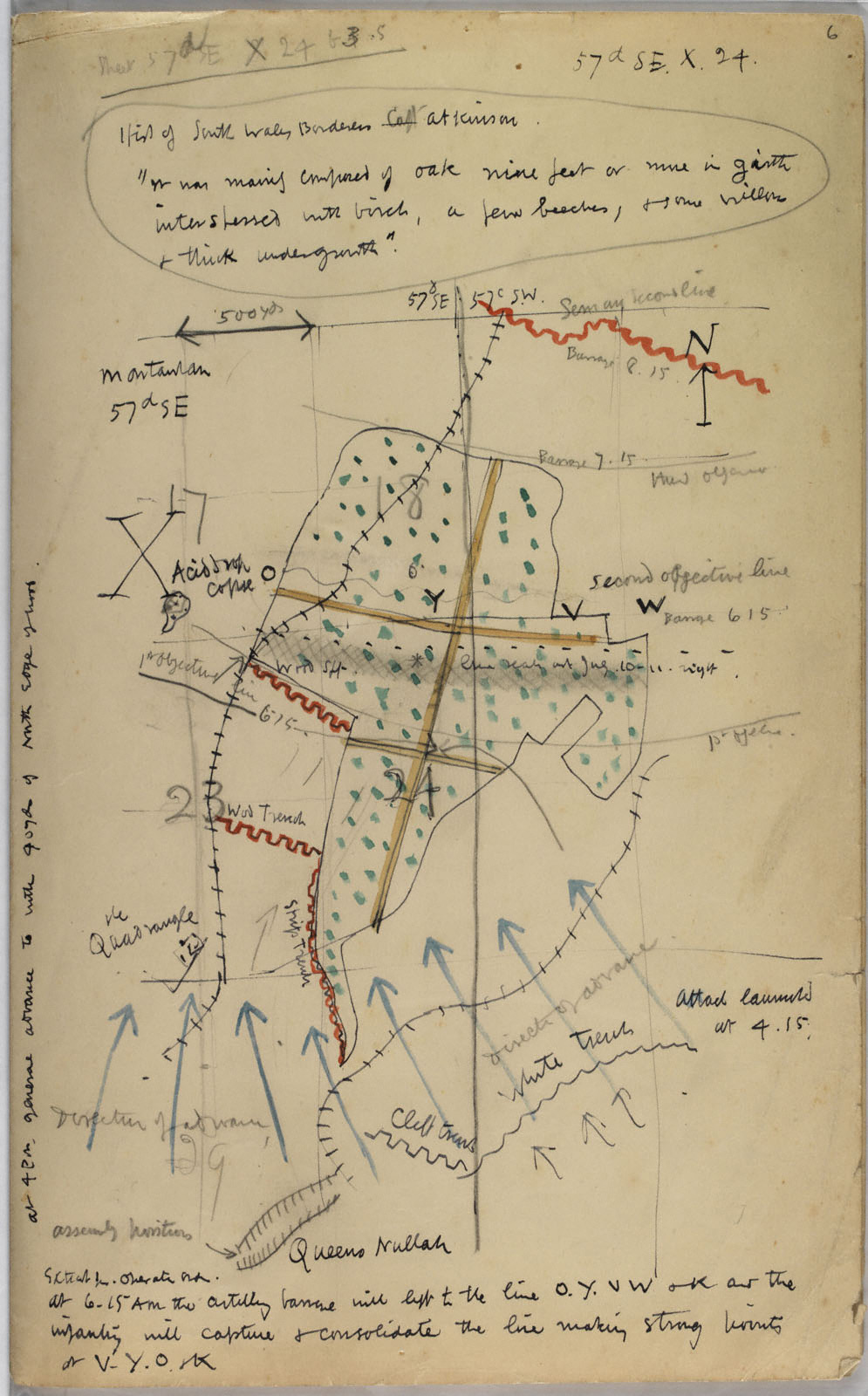 Carte de Mametz Wood par David Jones, 1937.<br />Source document Université d'Oxford, Angleterre.