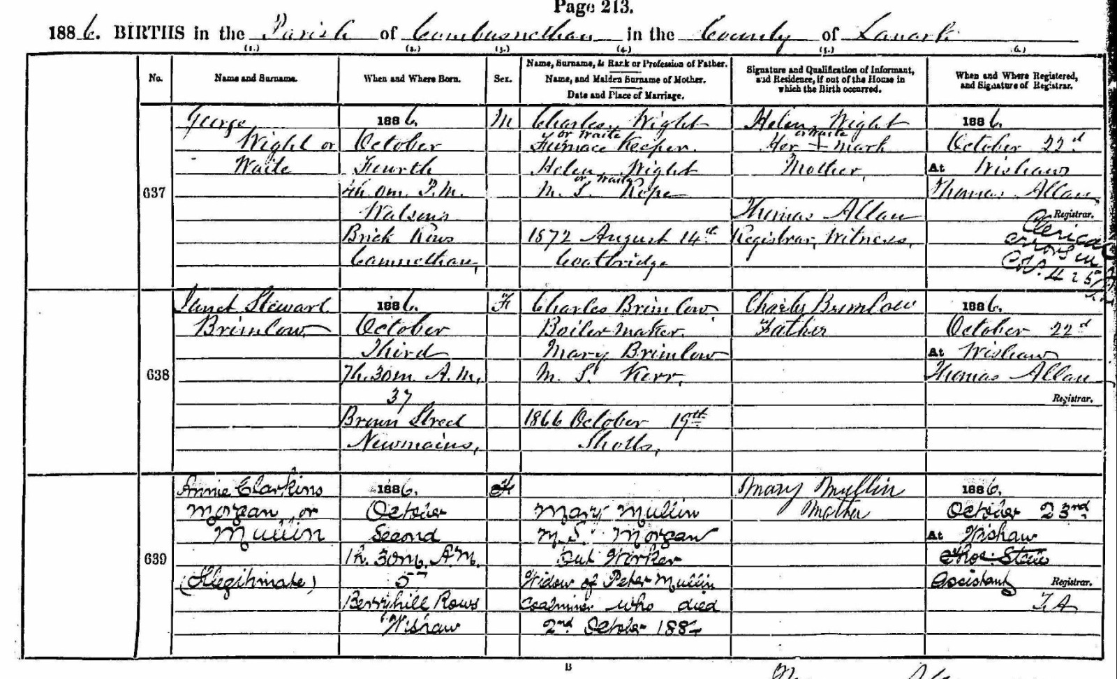 Naissance George Waite, Cambusnethan, Lanarkshire, Écosse. Recherche généalogique Lorna Conaghan.