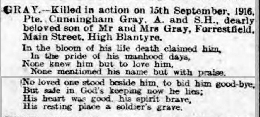 Hamilton Advertiser, 14 octobre 1916. Recherche Lorna Conaghan.